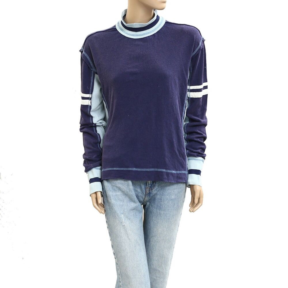 Free People We The Free Striped Blouse Top Ribbed Blue Combo Cotton XS 281777